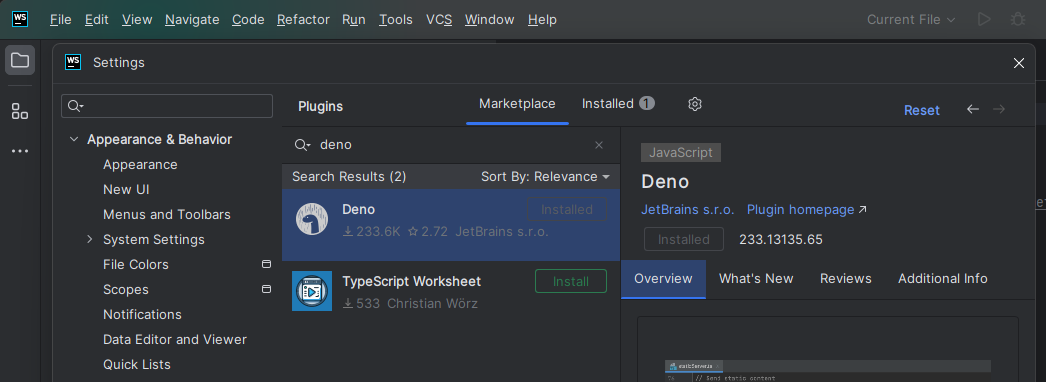 The WebStorm plugins settings